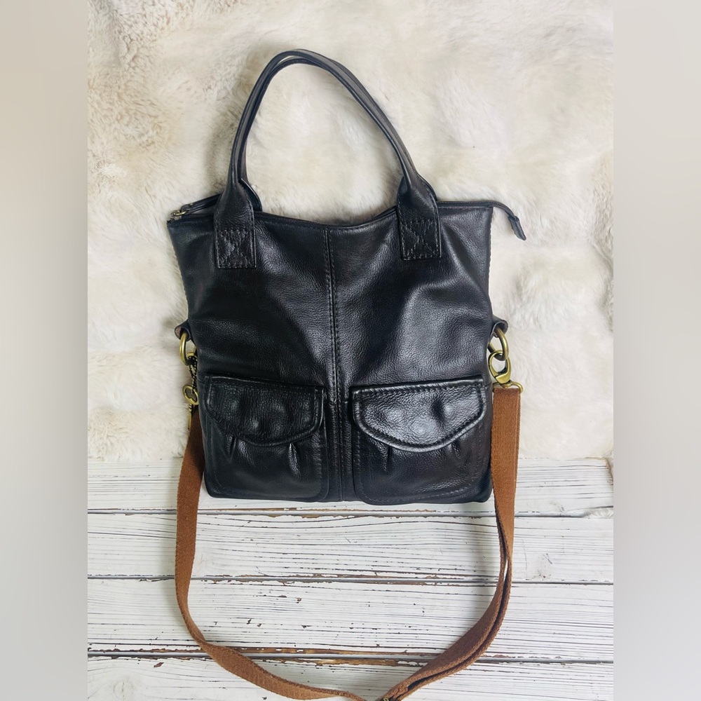 Fossil Y2K Brown Explorer Foldover Leather Tote Convertible Crossbody Handbag